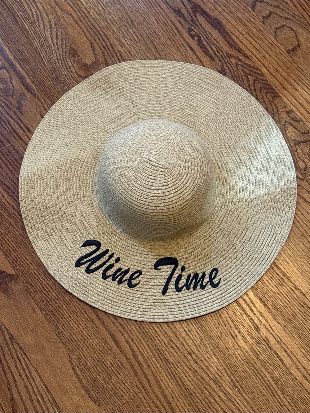 Straw Floppy Sun Hat with "Wine Time" Embroidery - Natural